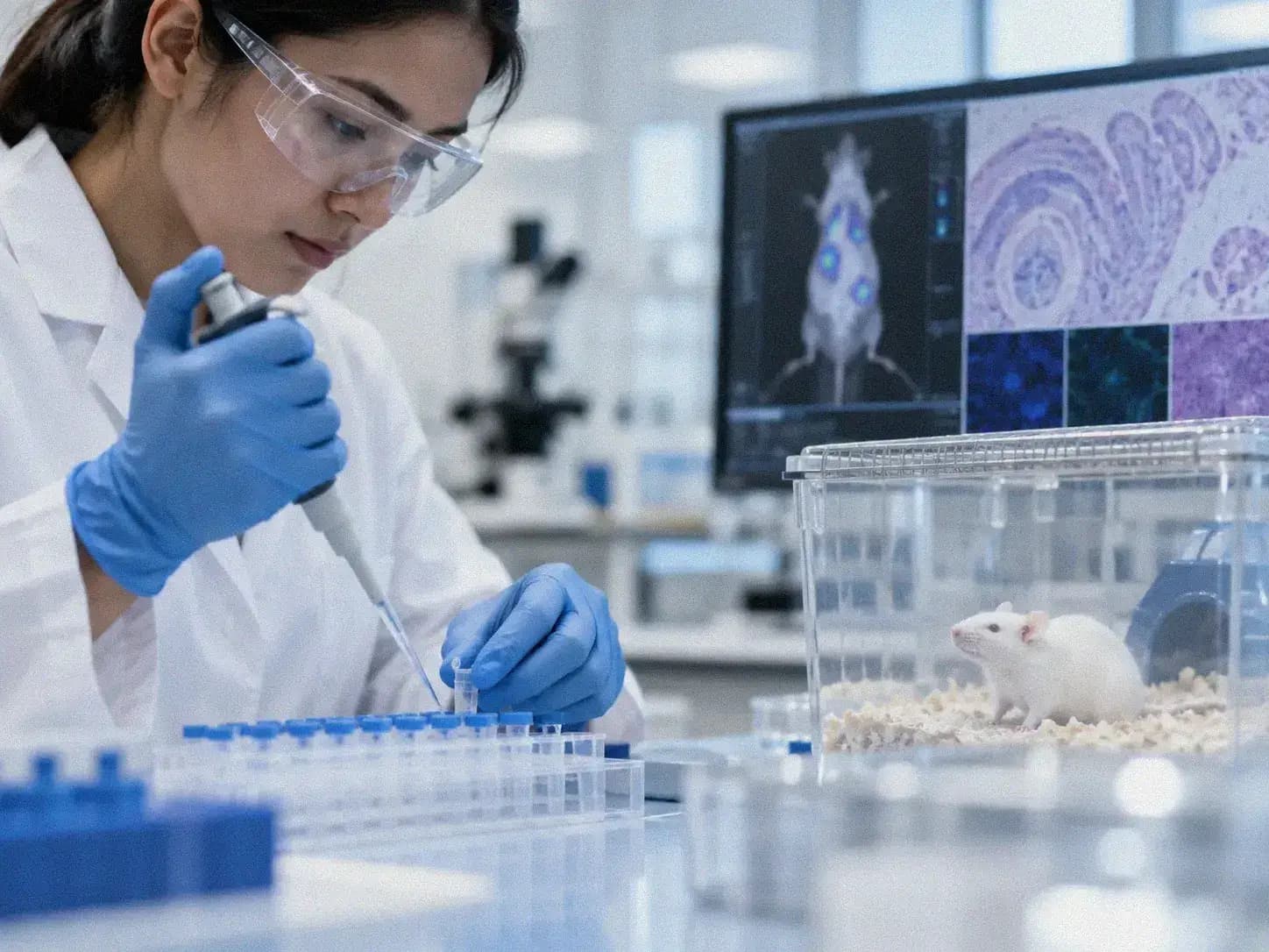 Laboratory researcher handling sample vials at a bench
