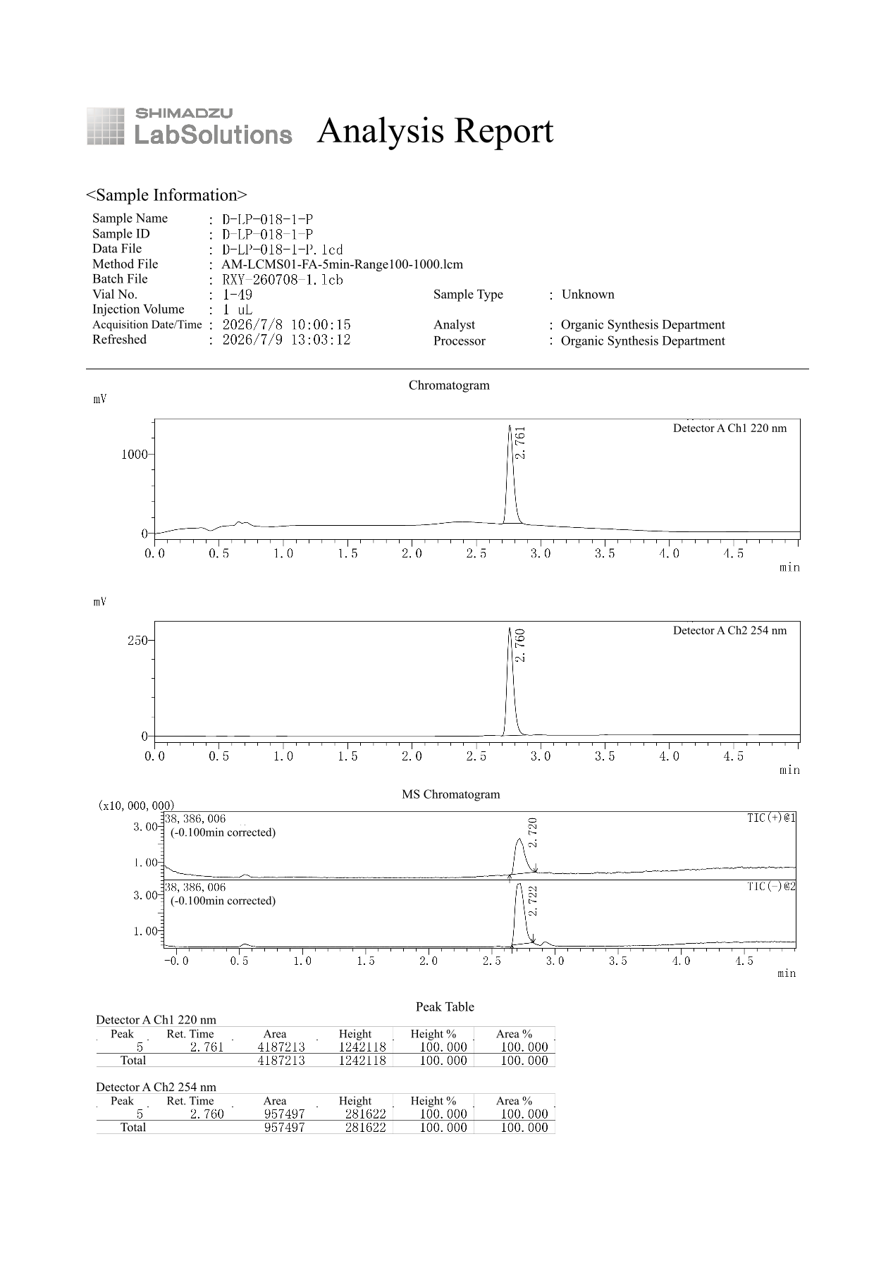 D-luciferin potassium salt UV and total-ion chromatograms