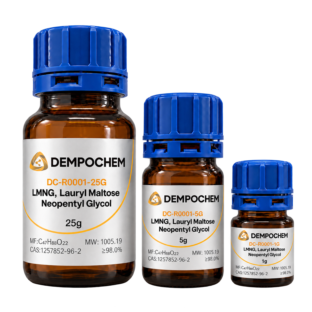 DempoChem LMNG reagent bottles in 25 g, 5 g and 1 g packs